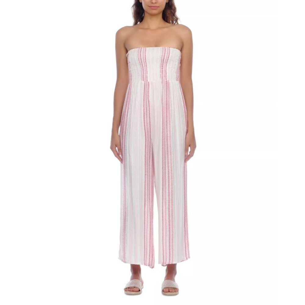 Raviya Womens Medium Smocked-Top Jumpsuit Swimsuit Cover-Up‎ in Pink & White $58